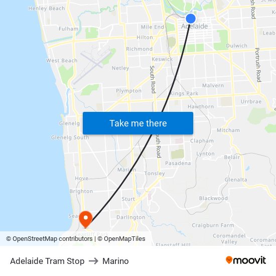 Adelaide Tram Stop to Marino map