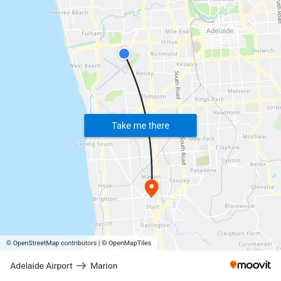 Adelaide Airport to Marion map