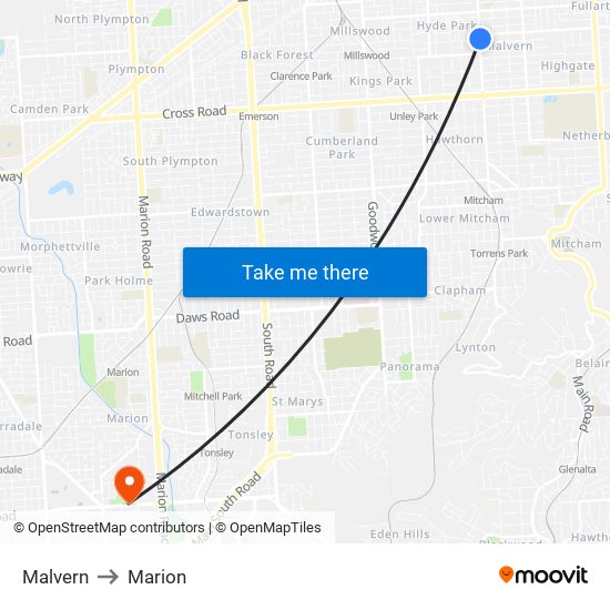 Malvern to Marion map