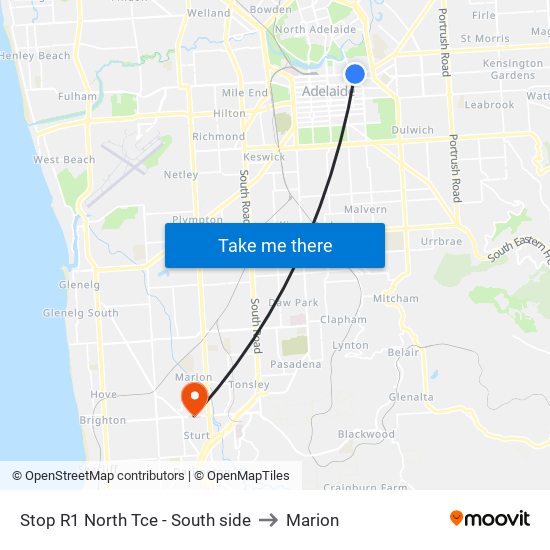 Stop R1 North Tce - South side to Marion map