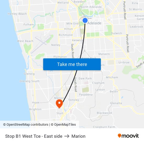 Stop B1 West Tce - East side to Marion map