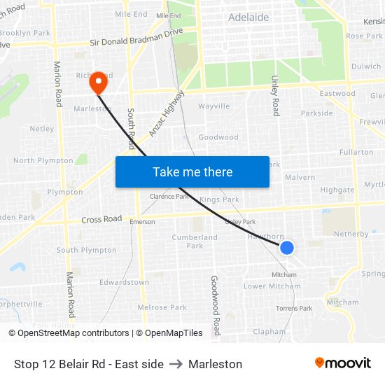 Stop 12 Belair Rd - East side to Marleston map