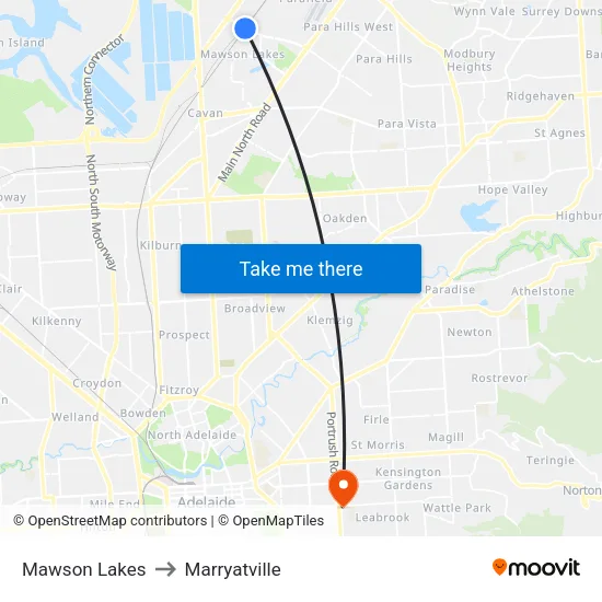 Mawson Lakes to Marryatville map