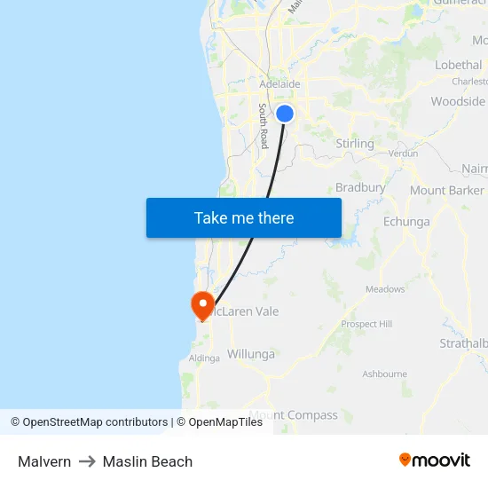 Malvern to Maslin Beach map