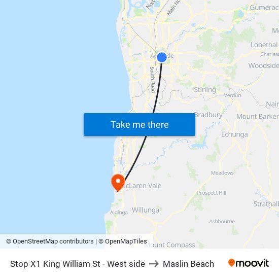 Stop X1 King William St - West side to Maslin Beach map