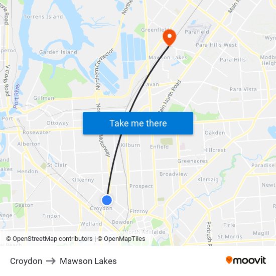 Croydon to Mawson Lakes map