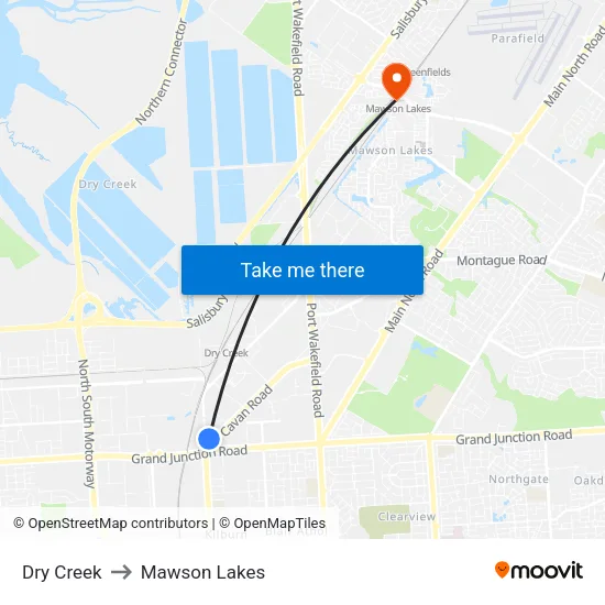 Dry Creek to Mawson Lakes map