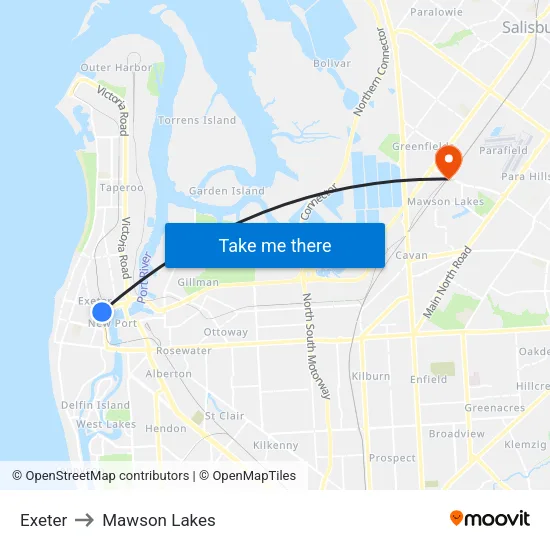 Exeter to Mawson Lakes map