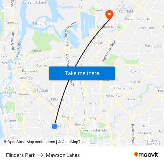 Flinders Park to Mawson Lakes map