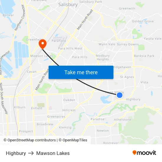 Highbury to Mawson Lakes map