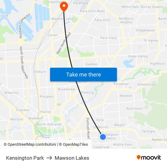 Kensington Park to Mawson Lakes map