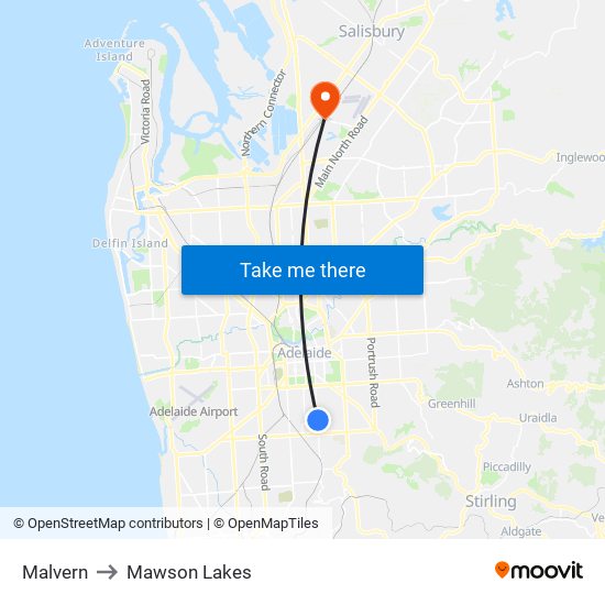 Malvern to Mawson Lakes map