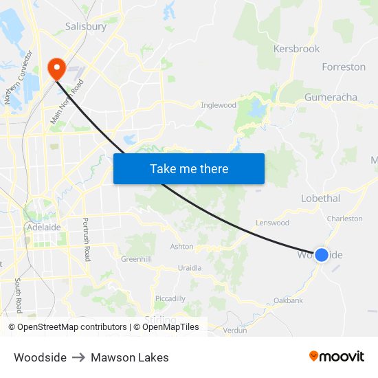 Woodside to Mawson Lakes map