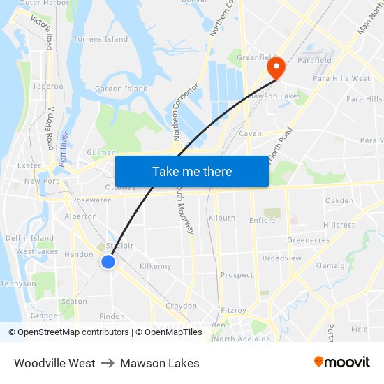 Woodville West to Mawson Lakes map