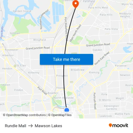 Rundle Mall to Mawson Lakes map