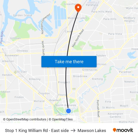 Stop 1 King William Rd - East side to Mawson Lakes map