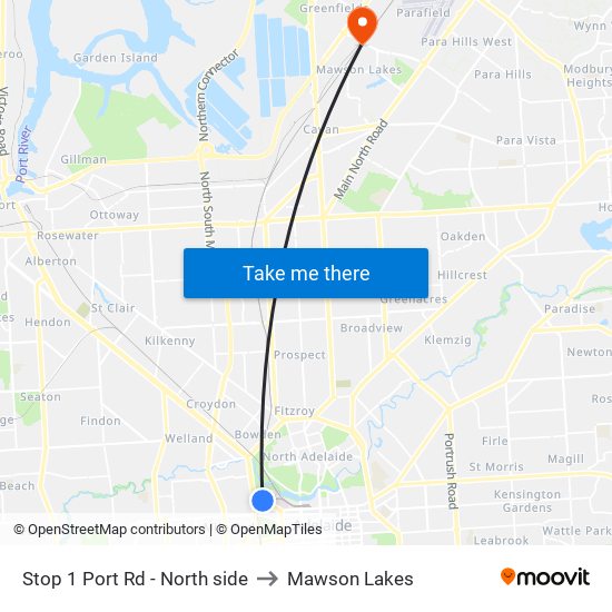 Stop 1 Port Rd - North side to Mawson Lakes map