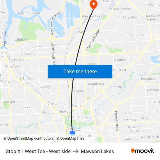 Stop X1 West Tce - West side to Mawson Lakes map