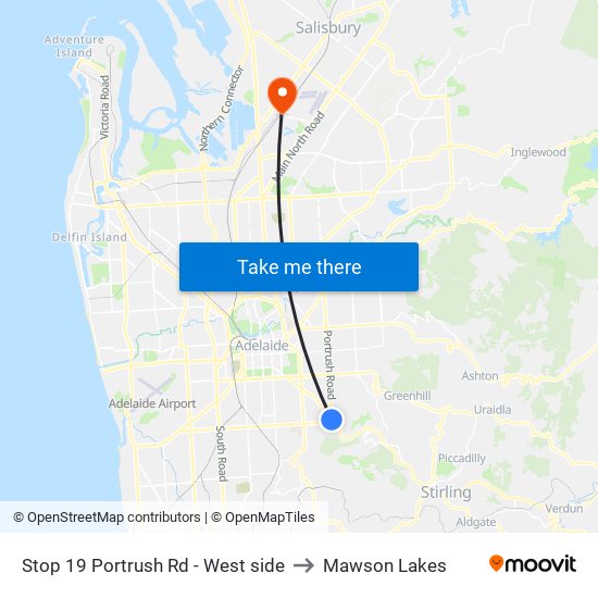 Stop 19 Portrush Rd - West side to Mawson Lakes map