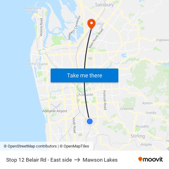 Stop 12 Belair Rd - East side to Mawson Lakes map