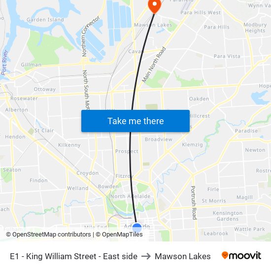 E1 - King William Street - East side to Mawson Lakes map