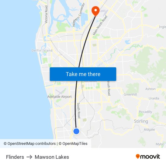 Flinders to Mawson Lakes map