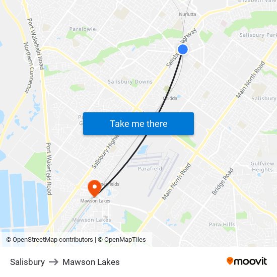 Salisbury to Mawson Lakes map