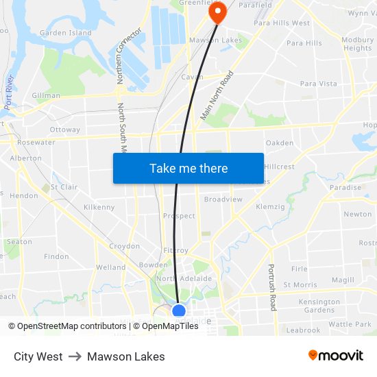 City West to Mawson Lakes map
