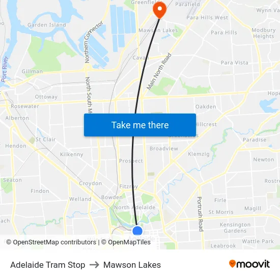 Adelaide Tram Stop to Mawson Lakes map
