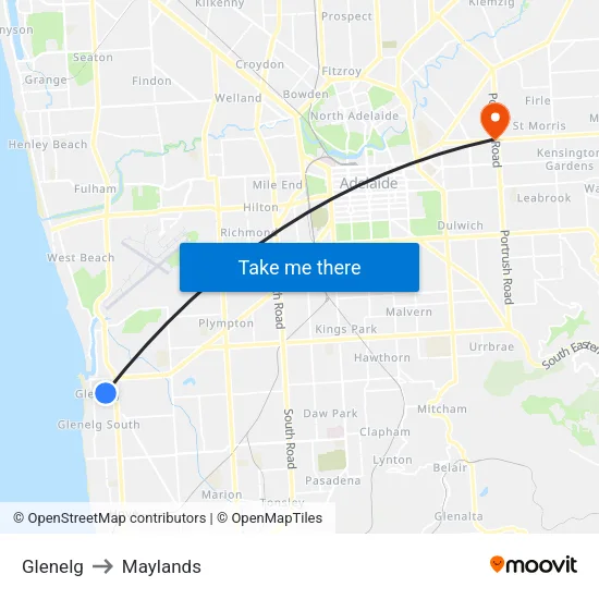 Glenelg to Maylands map