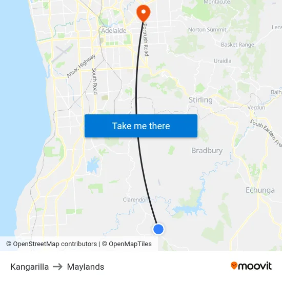 Kangarilla to Maylands map