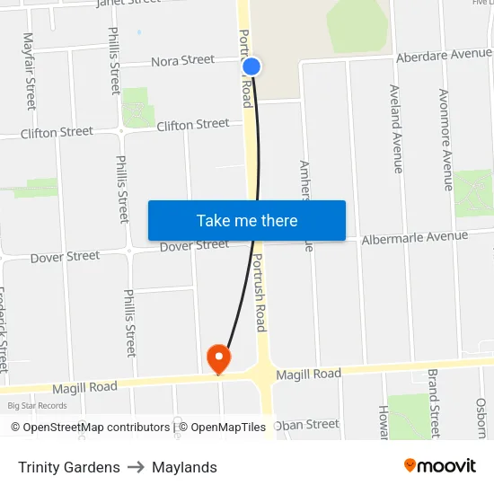Trinity Gardens to Maylands map