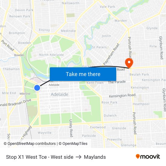 Stop X1 West Tce - West side to Maylands map