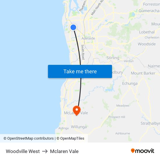 Woodville West to Mclaren Vale map