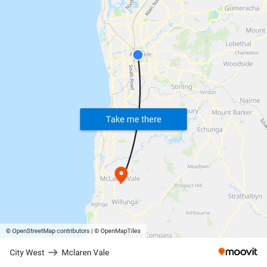 City West to Mclaren Vale map