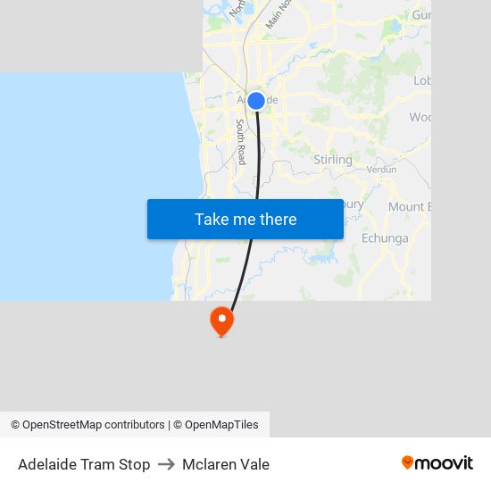 Adelaide Tram Stop to Mclaren Vale map