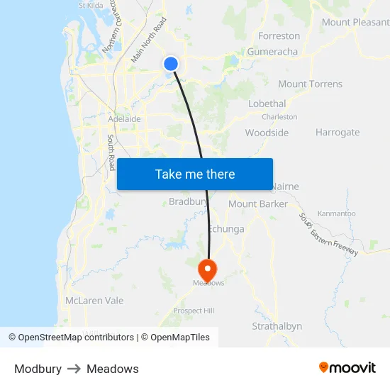 Modbury to Meadows map