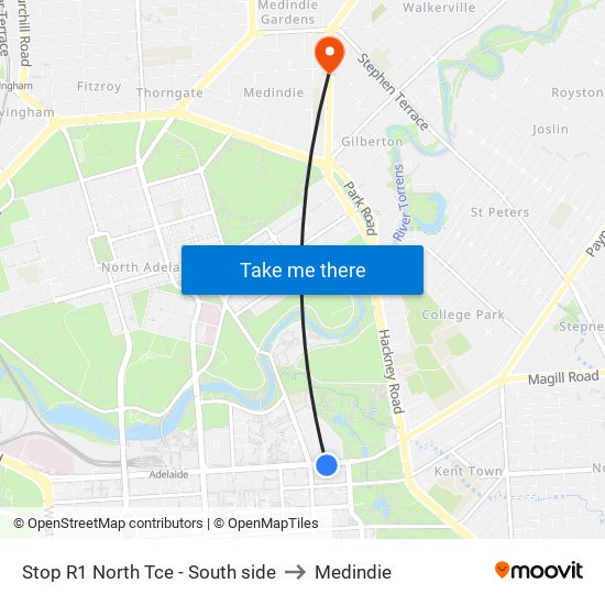 Stop R1 North Tce - South side to Medindie map