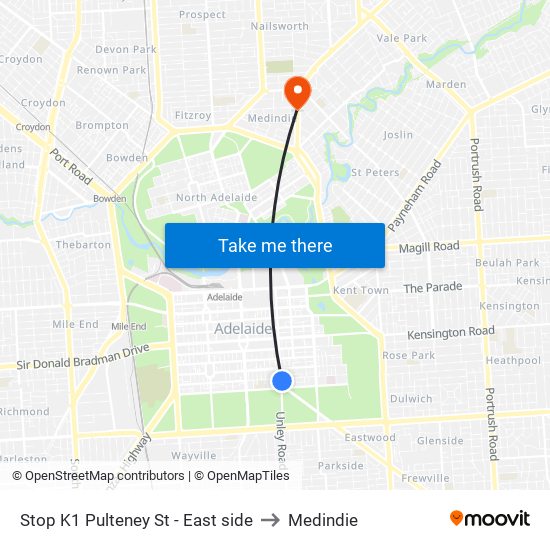 Stop K1 Pulteney St - East side to Medindie map