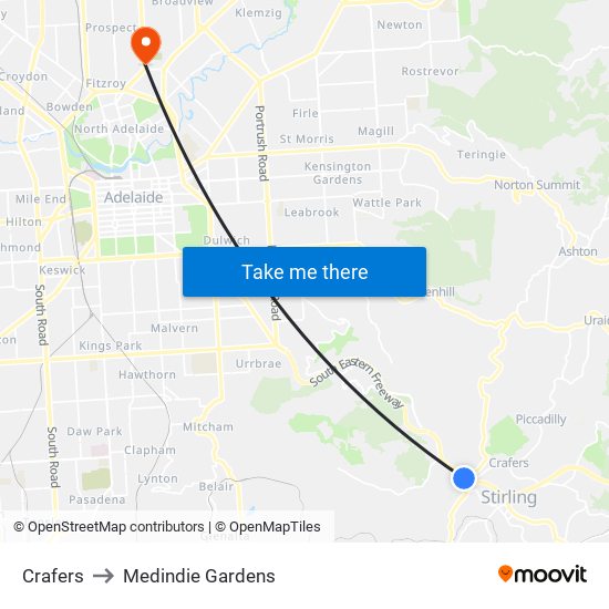 Crafers to Medindie Gardens map