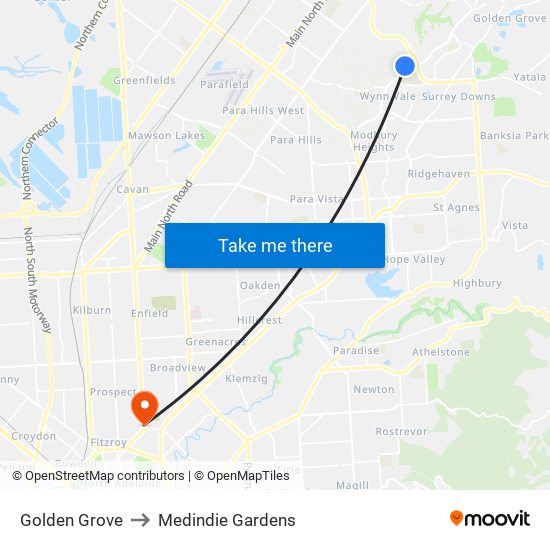 Golden Grove to Medindie Gardens map