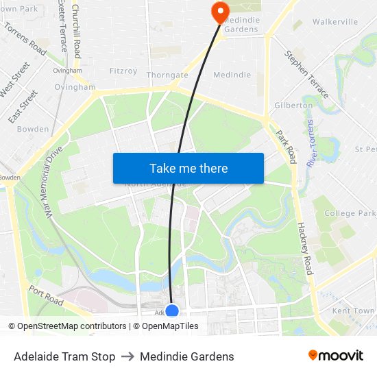 Adelaide Tram Stop to Medindie Gardens map