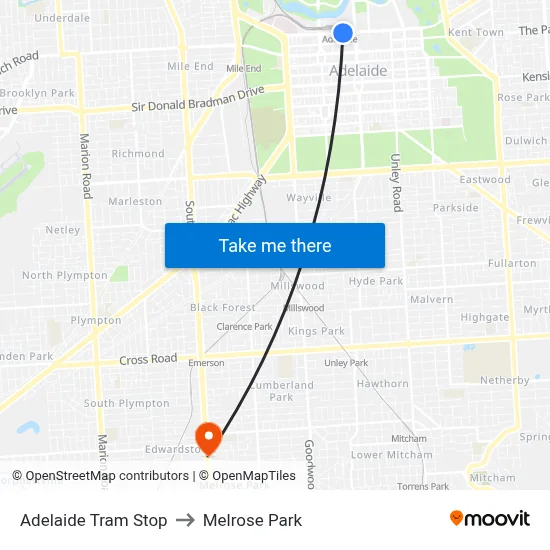 Adelaide Tram Stop to Melrose Park map
