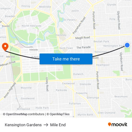 Kensington Gardens to Mile End map