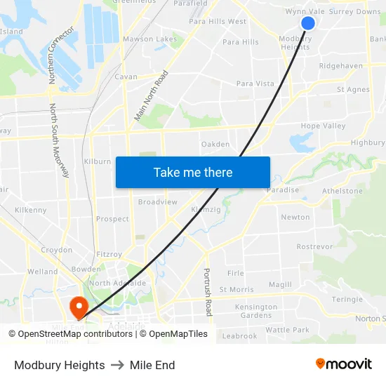 Modbury Heights to Mile End map