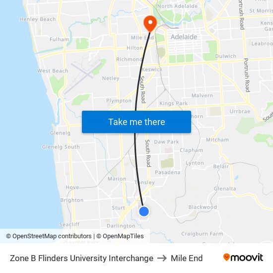 Zone B Flinders University Interchange to Mile End map