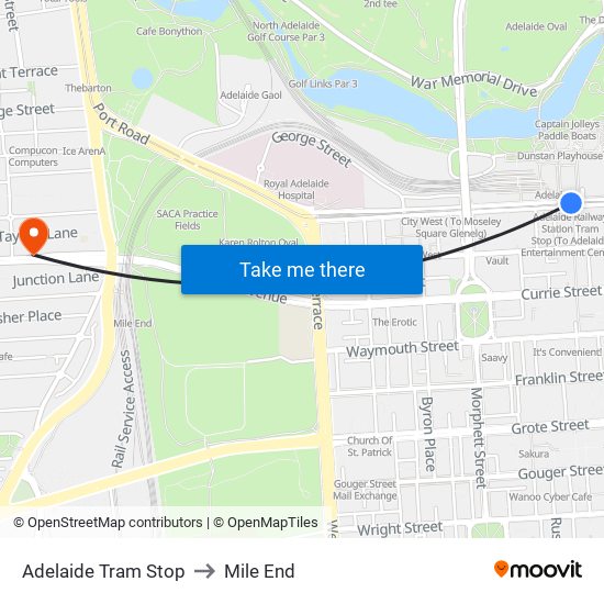 Adelaide Tram Stop to Mile End map