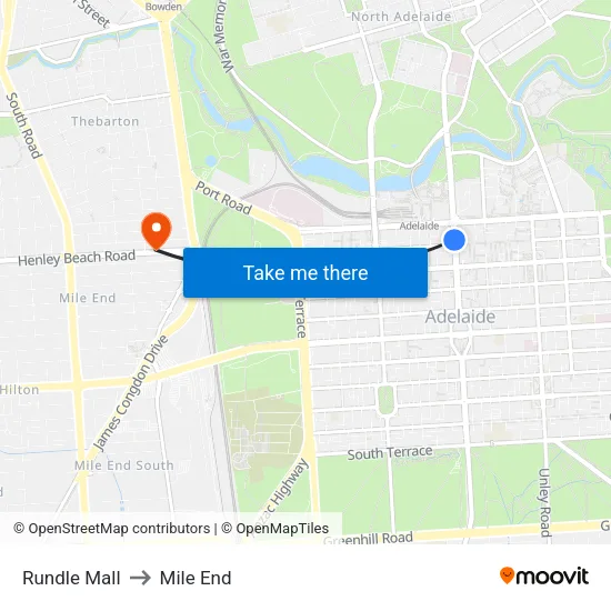 Rundle Mall to Mile End map