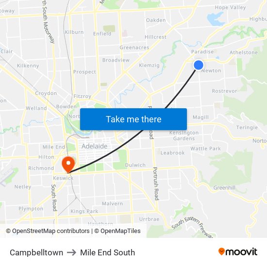 Campbelltown to Mile End South map