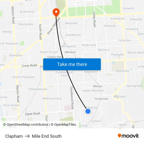 Clapham to Mile End South map